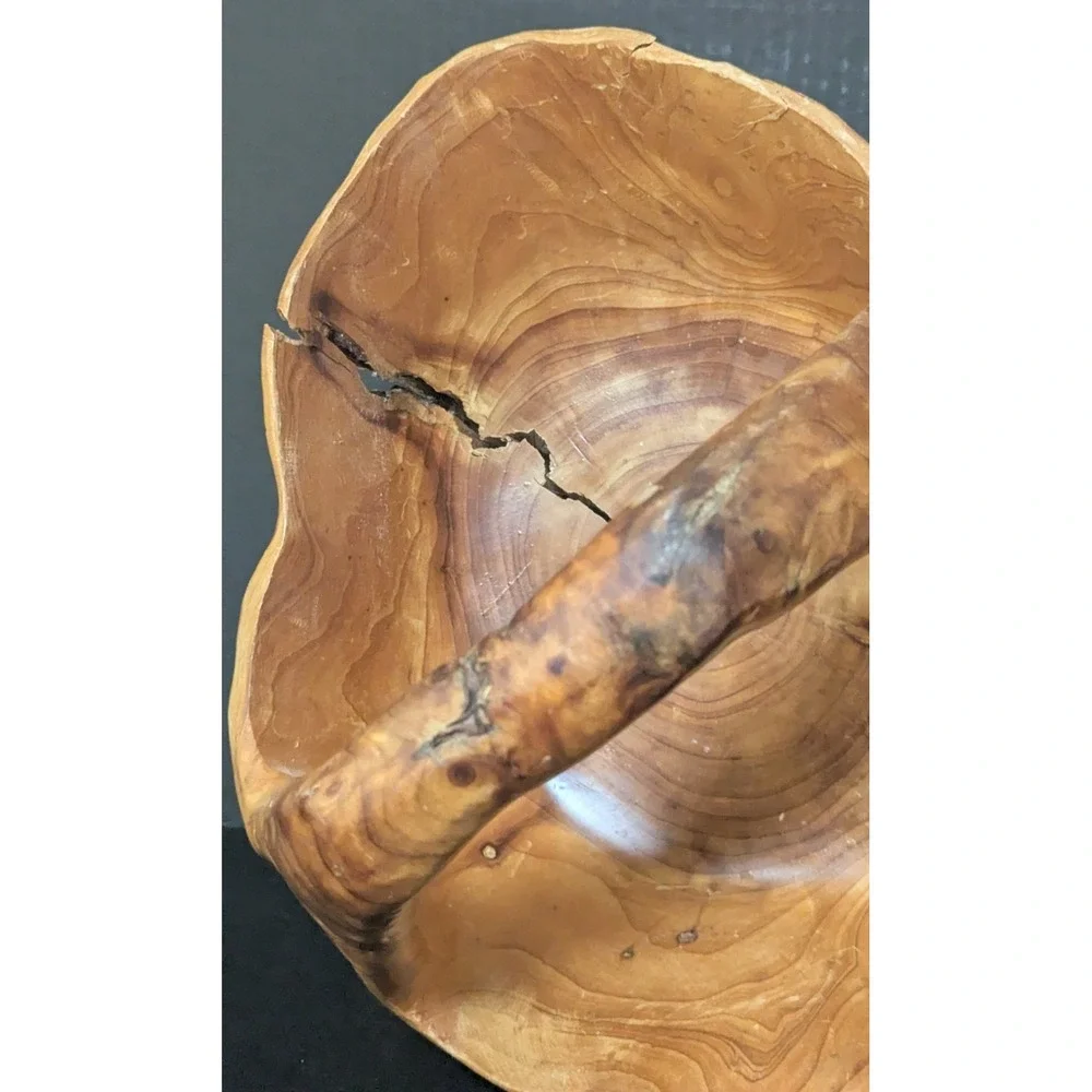 Vintage Hand Carved Burl Wood Rustic Wooden Basket with Handle So Much Character